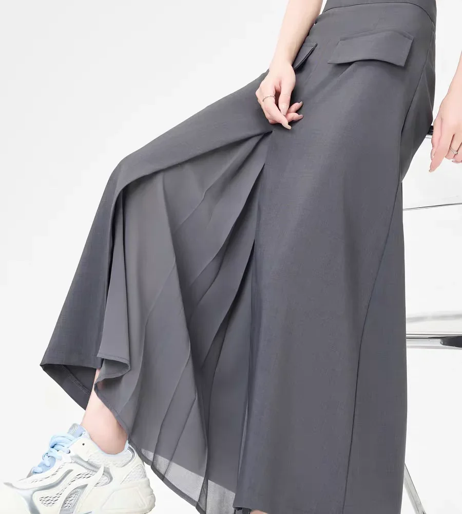 2025 Summer New Skirt Women’s Gray High-Waist Skirts Tailored A-Line Bodycon with Chiffon Pleat & Thigh Split - Office Chic