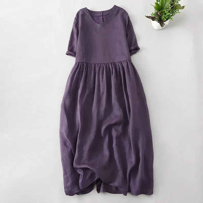 Women Linen Half Button Maxi Dress Embroidered Floral Casual Loose Short Sleeve Dress