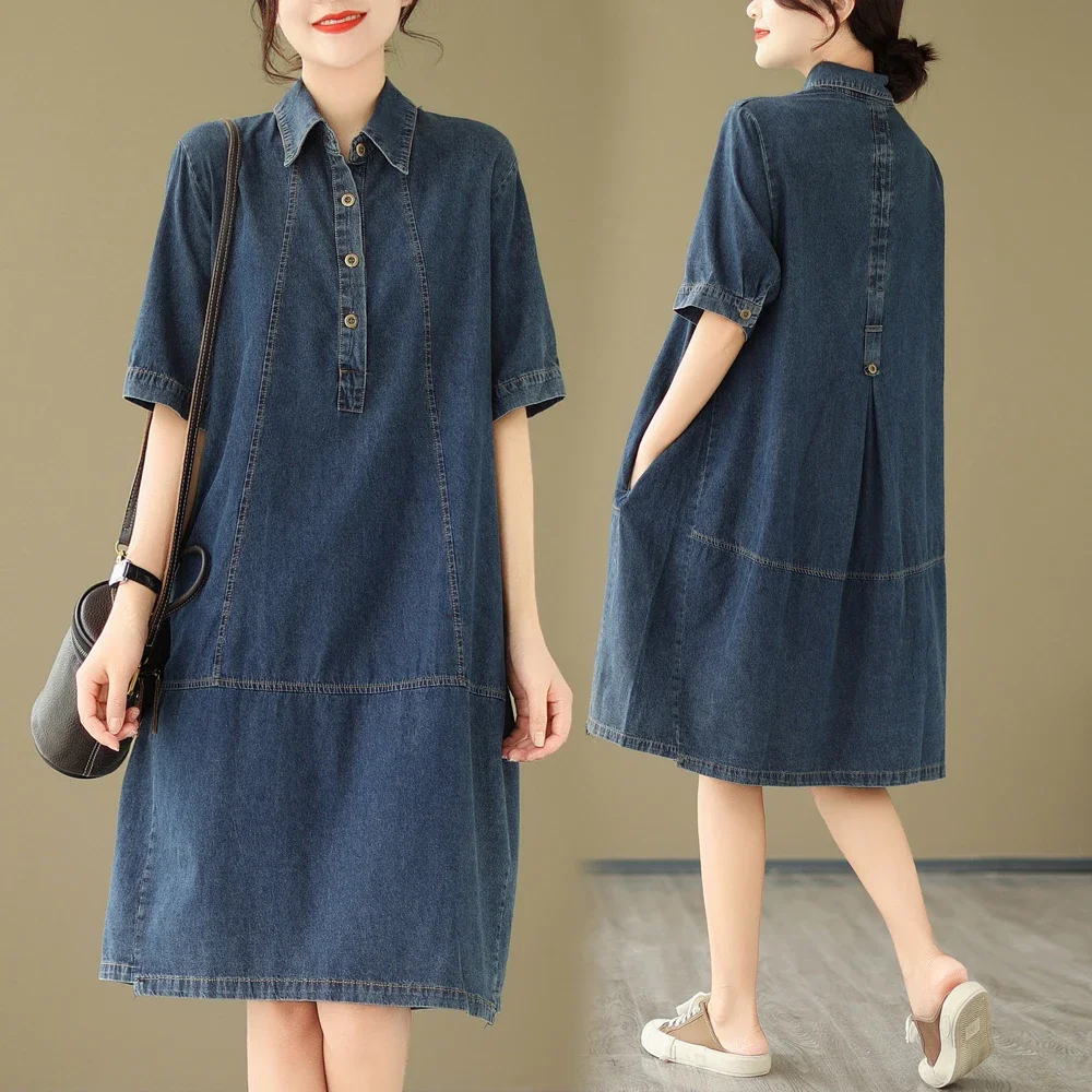 2024 Summer New Korea Woman Dress Vestidos Robe Elbise Loose Plus Size Fashion Polo Short Sleeve Denim Dresses