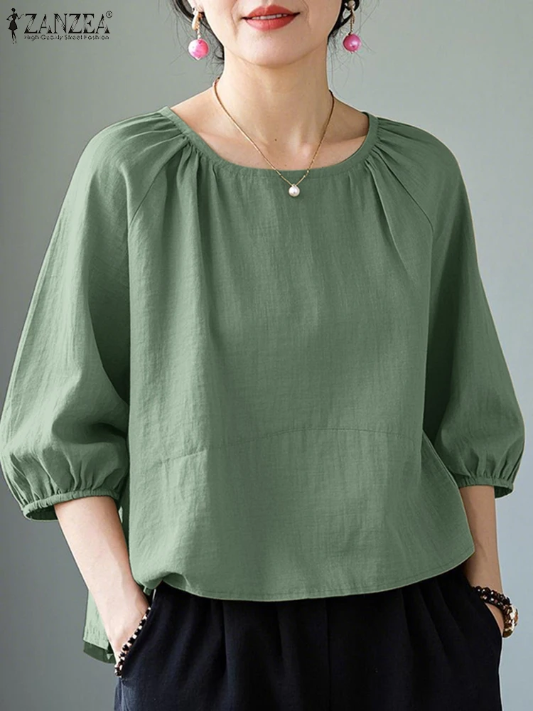 Summer Spring Women Blouse 2025 ZANZEA Elegant 3/4 Sleeve Solid Shirts Fashion OL Work Tops Tunic Casual O Neck Holiday Blusas