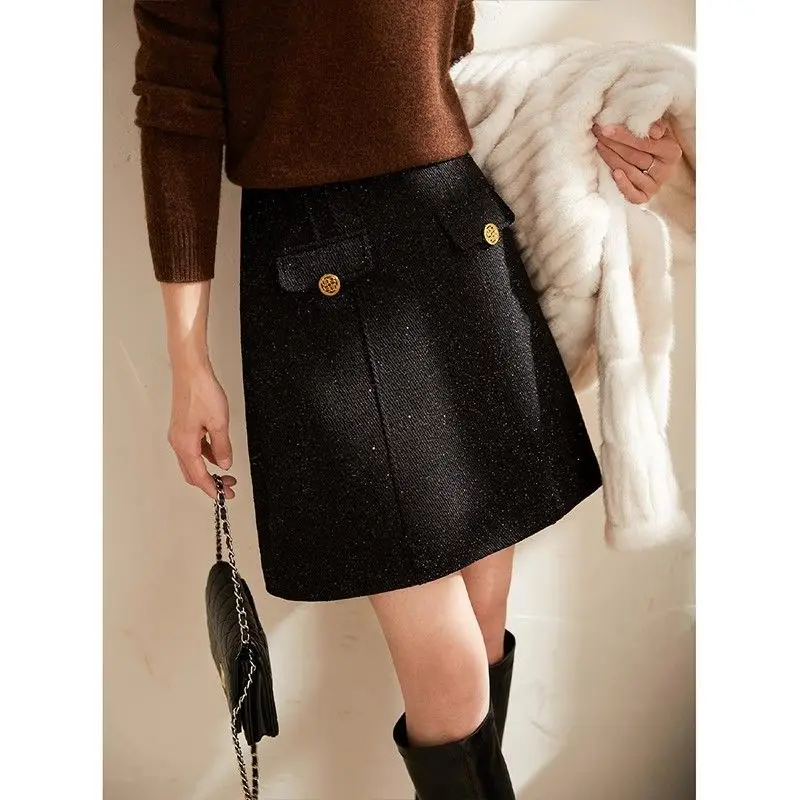 Simplicity Office Lady Autumn Winter new Women Solid Zipper Button Bright Silk Korean Fashion High Waist Short Slim A-line Skirt