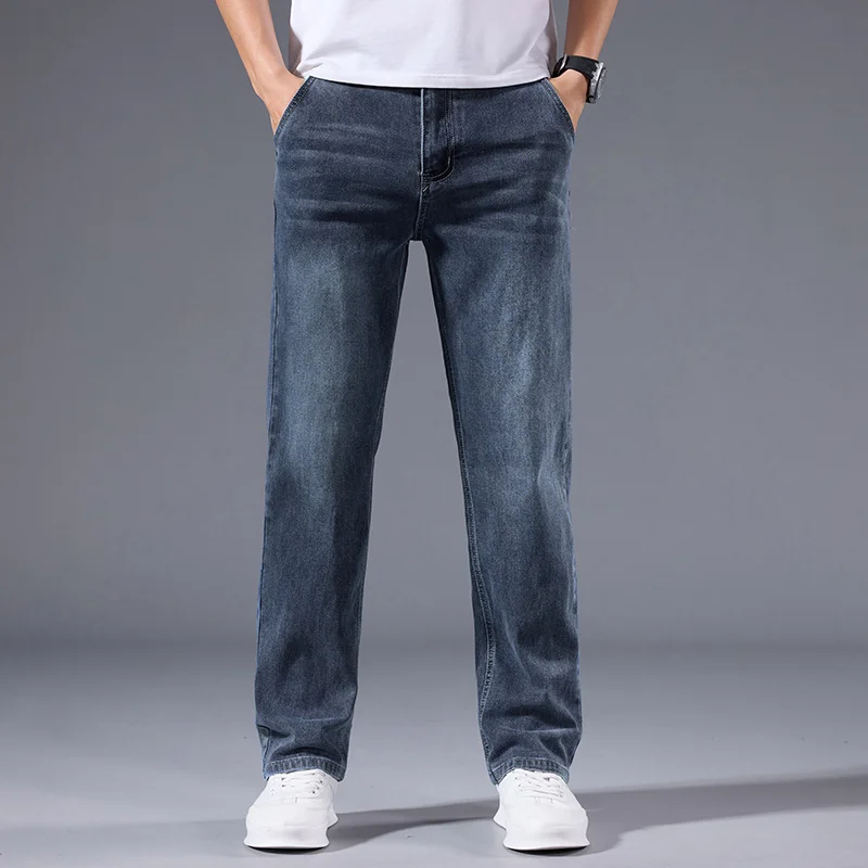 Men's loose straight leg jeans retro washed elastic casual pants suitable for all seasons versatile pants