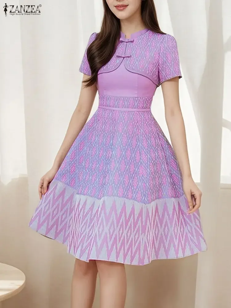 ZANZEA Vintage Style Printed Dress 2025 Fashion Short Sleeve Elegant Knee-Length Sundress Femme Robe Casual Loose Vestidos