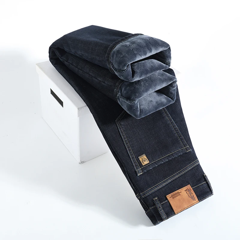 Winter Warm Fleece Jeans Men's Thick Thermal Casual Straight Denim Pants Male Business Work Stretch Trousers New Clothing