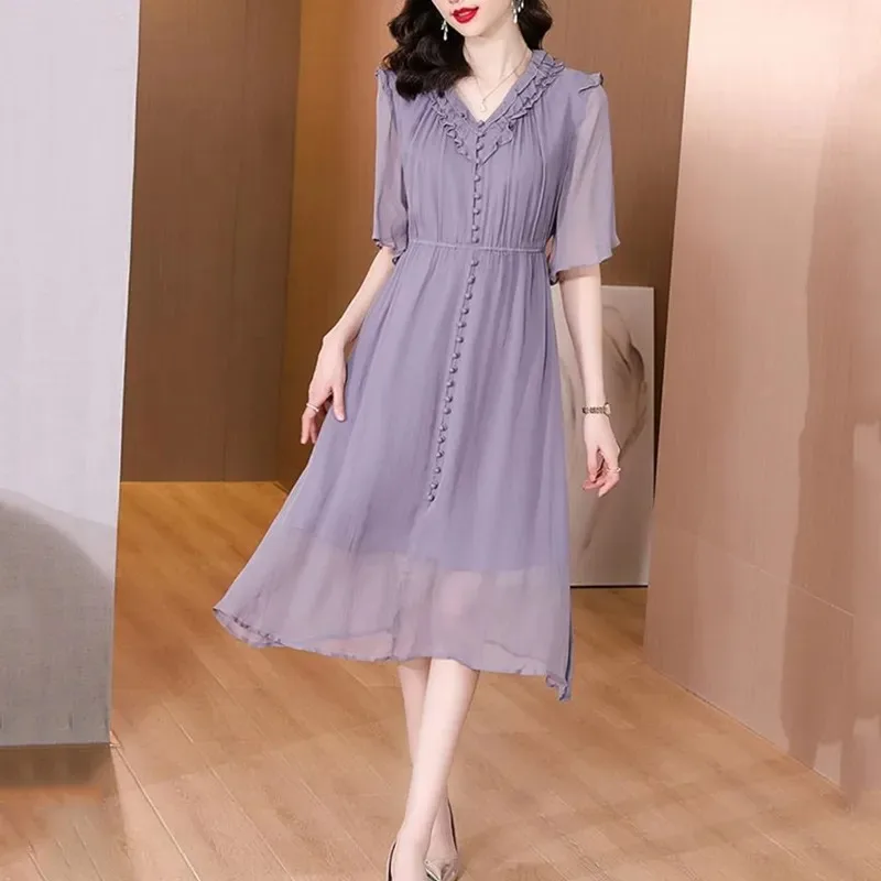 Women's Ruffled V-Neck Chiffon Midi Dress Half Sleeve Elastic Waist Casual Elegant A-Line Dress