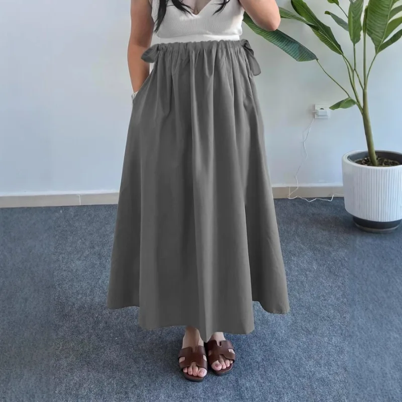 Women's Solid Color High Waist Maxi Skirt Drawstring Elastic Waist Pocketed Loose Fit Casual Skirts