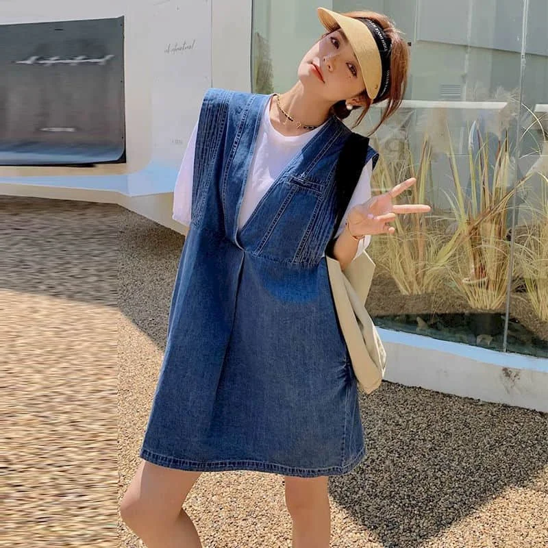 Denim Dresses for Women Two Pieces Sets Casual Loose A-line Knee-length Skirts Summer New Trend Short Sleeve Vintage Dresses