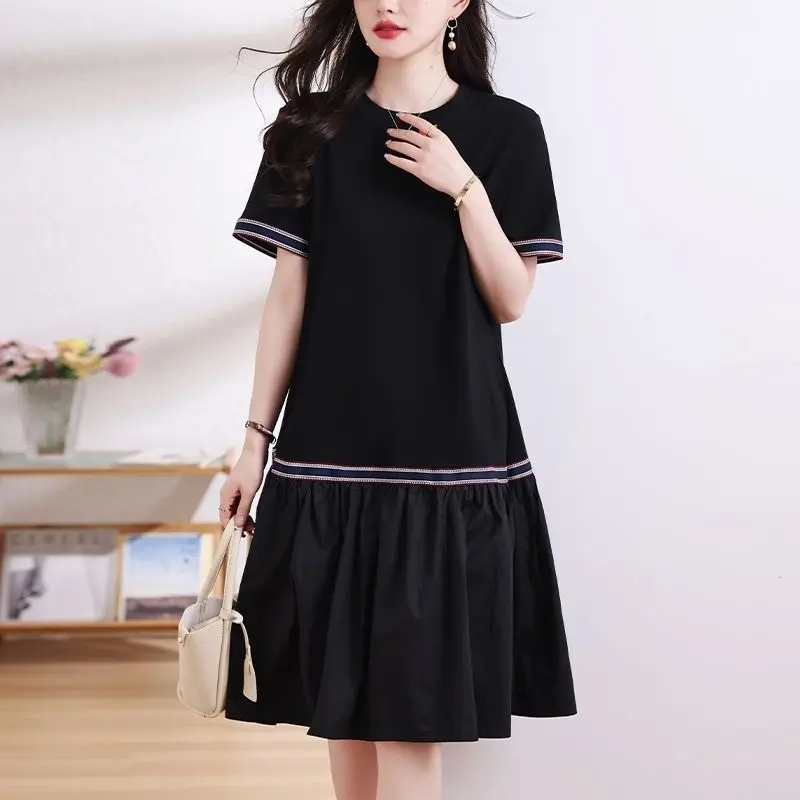 2024 New Fashion All-match Short Sleeve Dresses Ladies Pleated O-neck Women's Clothing Summer Elegant Pullovers A-line Skirt