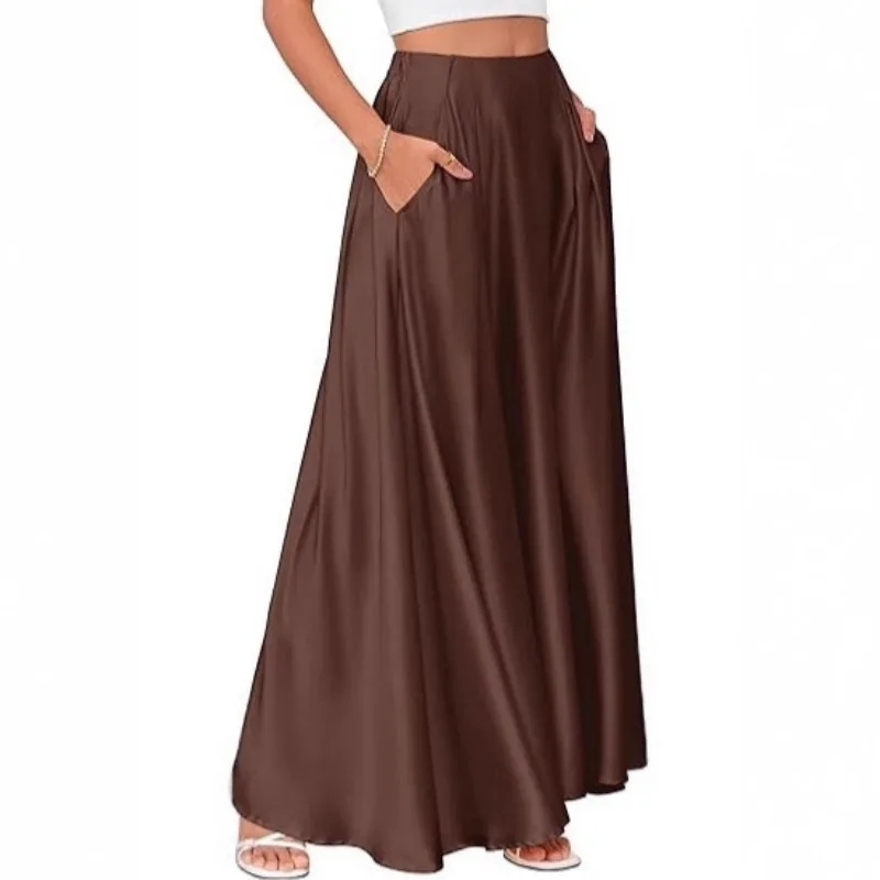 Women's Satin High Waist Maxi Skirt Solid Color Flowy Pocketed Long Skirt For Office Summer